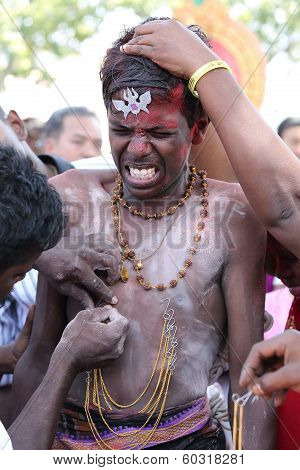 Penang, Malaysia - January 17: Hindu Devotee Carries Kavadi Himself In Thaipusam Festival On January