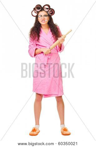 Housewife with battledore and cigarette isolated
