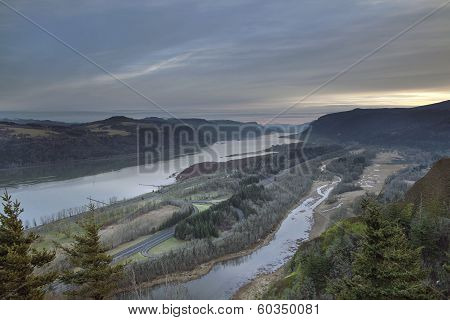 Columbia River And Highway 84 At Sunrise