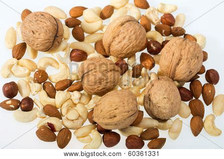 mixed nuts - hazelnuts walnuts cashews pine nuts isolated on white background