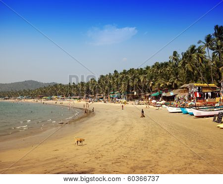 GOA INDIA - JANUARY 31:Vacationers sellers cafe on the tropical beach Palolem on January 31 2014 in