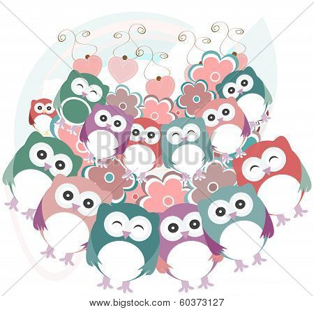 Owls, Birds, Flowers, Cloud And Love Heart