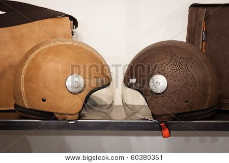Leather Covered Helmets On Display At Mipap Trade Show In Milan, Italy