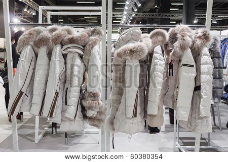 Coats On Display At Mipap Trade Show In Milan, Italy