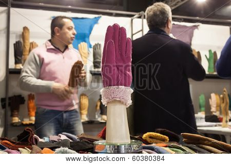 Leather Gloves On Display At Mipap Trade Show In Milan, Italy