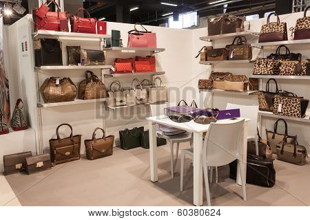 Bags On Display At Mipap Trade Show In Milan, Italy