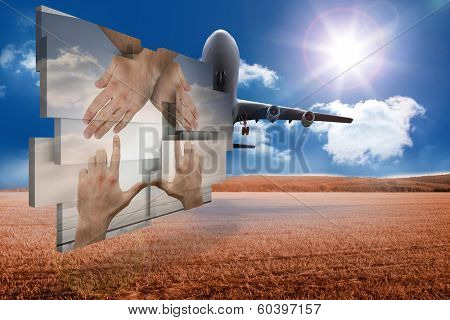 Hands making a house on abstract screen against 3d plane taking off over cornfield