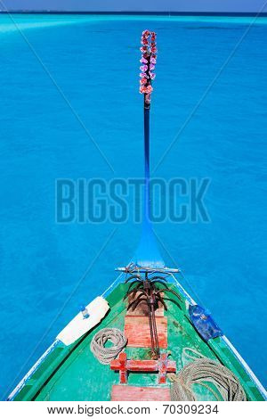 Close up of a traditional maldivian boat dhoni in a tropical ocean 