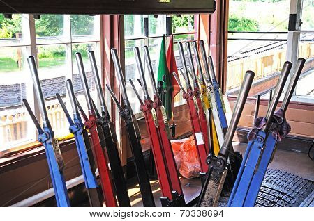 Mechanical lever frame in railway signal box.