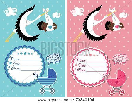 Baby shower card,invitation with stork ,African girl,boy