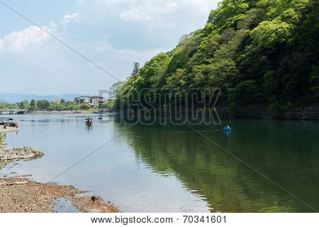 KYOTO, JAPAN - APRIL 26th  : Boats in Hozu(Katsuragawa) River in Arashiyama in Kyoto, Japan on 26th April 2014.