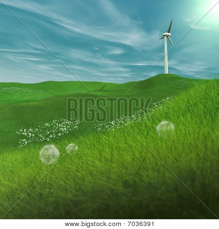 Na Primavera, uma turbina de vento em uma planície que gera eletricidade