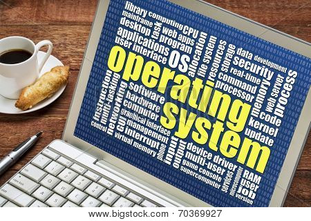 operating system word cloud on a laptop with a cup of coffee