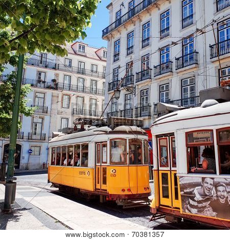 Lisbon, Portugal-May 11: Typical,Tramway on May 11, 2014. Beautiful Tramway in  Lisbon, Portugal, Europe
