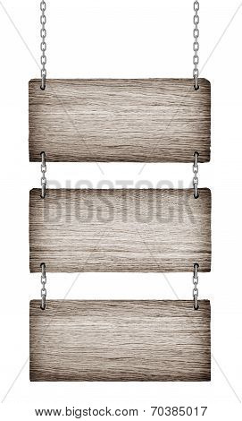 blank wooden sign hanging on a chain. isolated on white. with clipping path