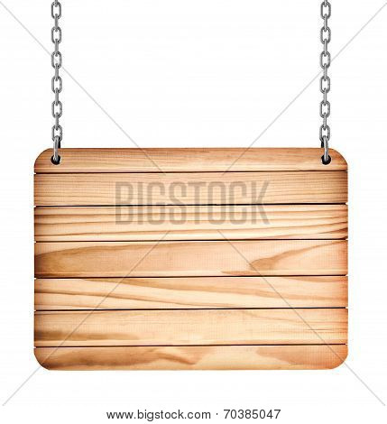 blank wooden sign hanging on a chain. isolated on white. with clipping path