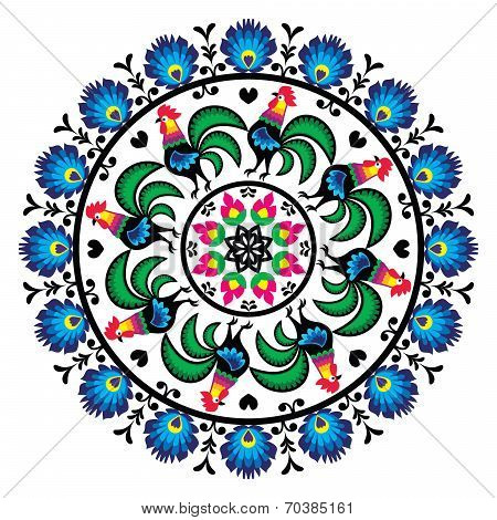 Polish traditional folk art pattern in circle with roosters - Wzory Lowickie, Wycinanka