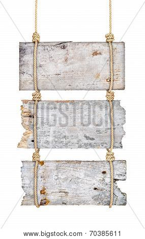 Vintage Wooden Signs On The Rope On An Isolated White Background