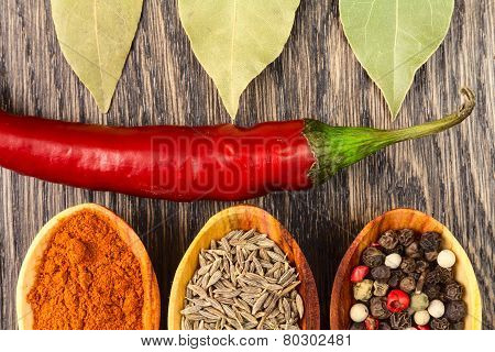 Spices In Spoons With Red Pepper