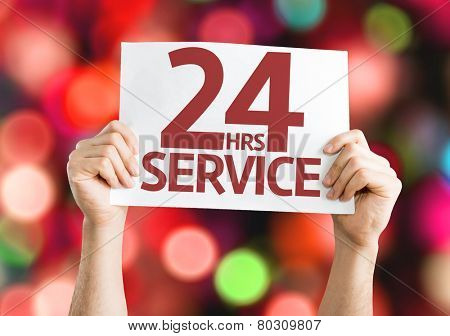 24 Hrs Service card with colorful background with defocused lights