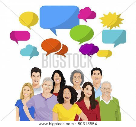 Multi-Ethnic Group of People and Speech Bubbles Vector
