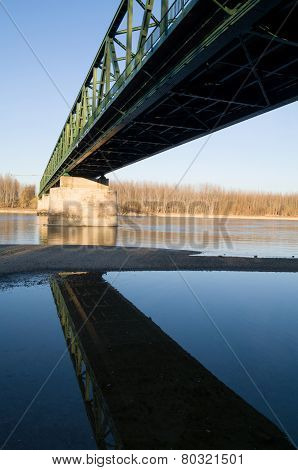 Vamosszabadi, Hungary - February 13, 2014: The Vamosszabadi Bridge Over Danube River From Bottom