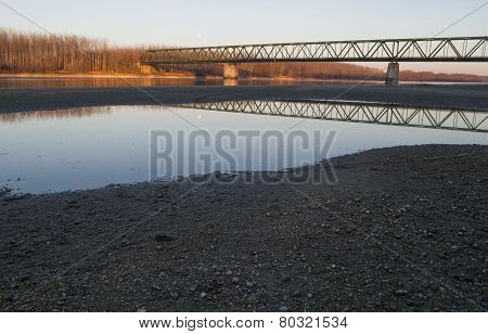 Vamosszabadi, Hungary - February 13, 2014: The Vamosszabadi Bridge Over Danube River In Time Of Low