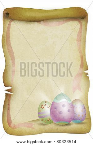 Vintage Easter Themed Paper with Eggs and Red Ribbon.
