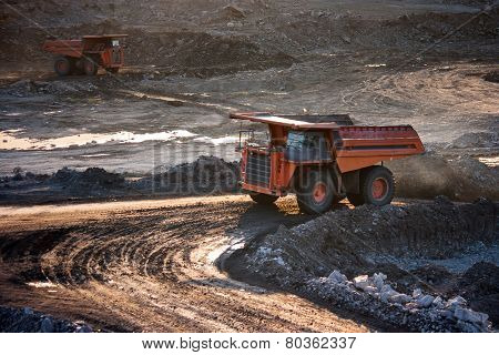 Coal-preparation Plant. Big Mining Truck At Work Site Coal Transportation