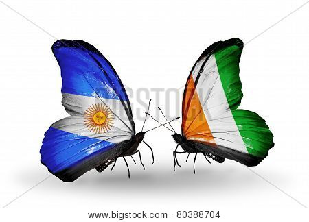 Two Butterflies With Flags On Wings As Symbol Of Relations Argentina And Cote Divoire
