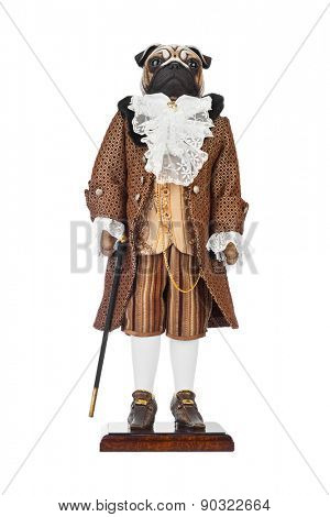 Toy pug dog in butler costume isolated on white background