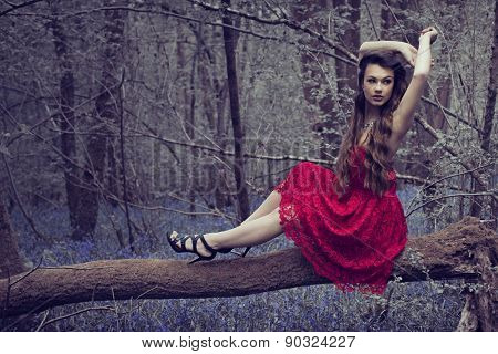 stylish Woman in red Dress Posing at the Woods