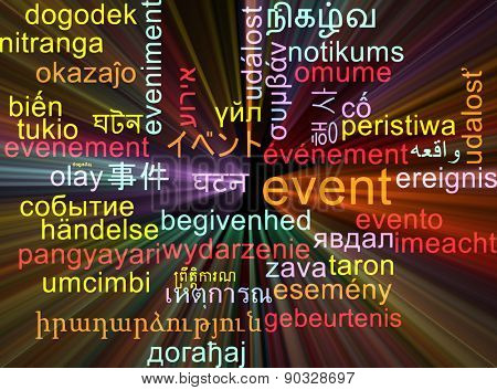 Background concept wordcloud multilanguage international many language illustration of event glowing light