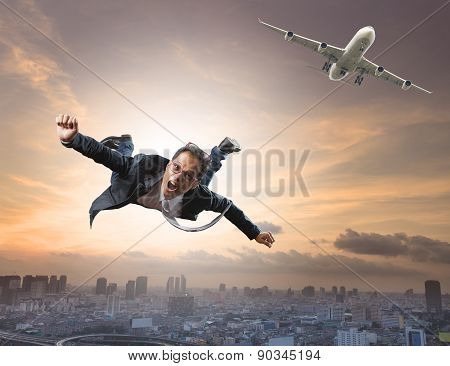 Crazy Business Man Flying From Passenger Plane With Glad And Happiness Emotion Use For New Trend ,