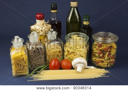 Various types of pasta on the table, homemade food preparation