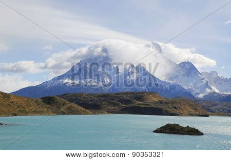 Cliffs of Los Kuernos and Lake Pehoe in National Park Torres del Paine, Patagonia, Chile