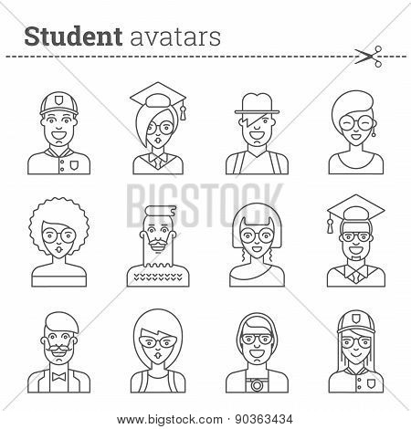 Set of student avatars. Stock vector icons.