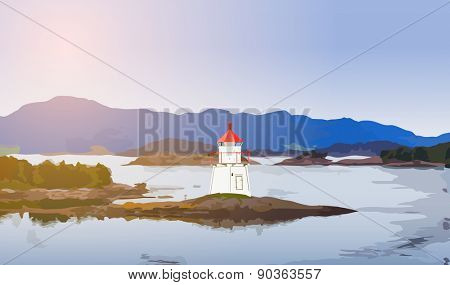 Lighthouse on fjord coast in Norway.