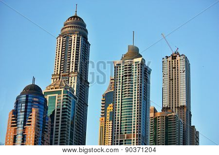 Skyscrapers in Dubai Marina at sunset