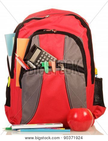 Red school backpack with apple