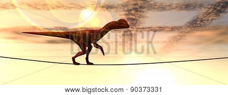 Concept or conceptual abstract business metaphor as wild heavy dinosaurus balancing on rope over sunset sky background banner