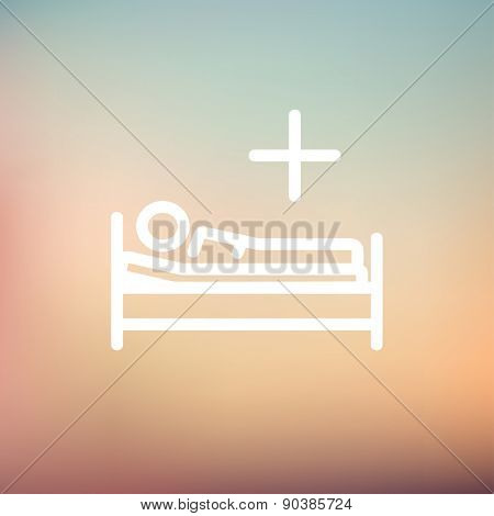 Medical bed with patient icon thin line for web and mobile, modern minimalistic flat design. Vector white icon on gradient mesh background.