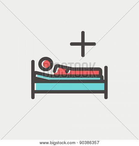 Medical bed with patient icon thin line for web and mobile, modern minimalistic flat design. Vector icon with dark grey outline and offset colour on light grey background.