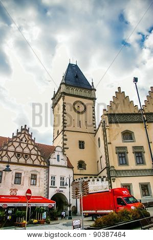 Old town central square panorama in Tabor, Czech Republic