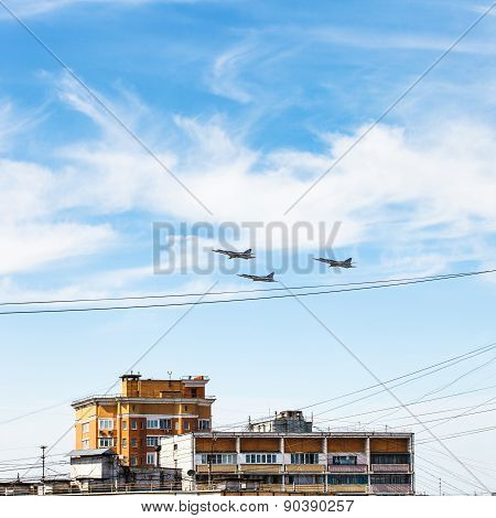 Military Aircrafts Flight Over Urban House