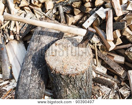 Wood Chopper Ax In Block For Chopping Firewood