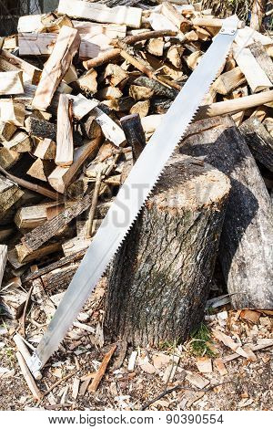 Two-handled Saw And Ax In Chopping Deck