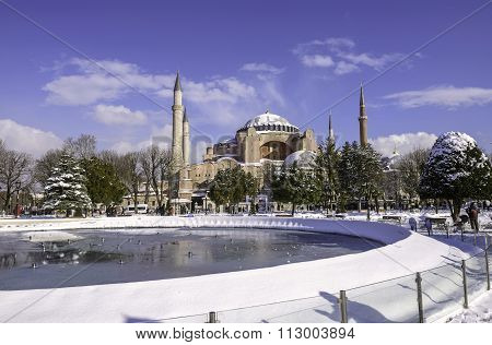 Snowy View Of The Saint Sophia In Istanbul, Turkey