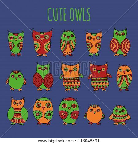 Cute vector collection of bright owls