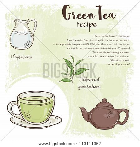Vector Hand Drawn Illustration Of Green Tea Recipe With List Of Ingredients